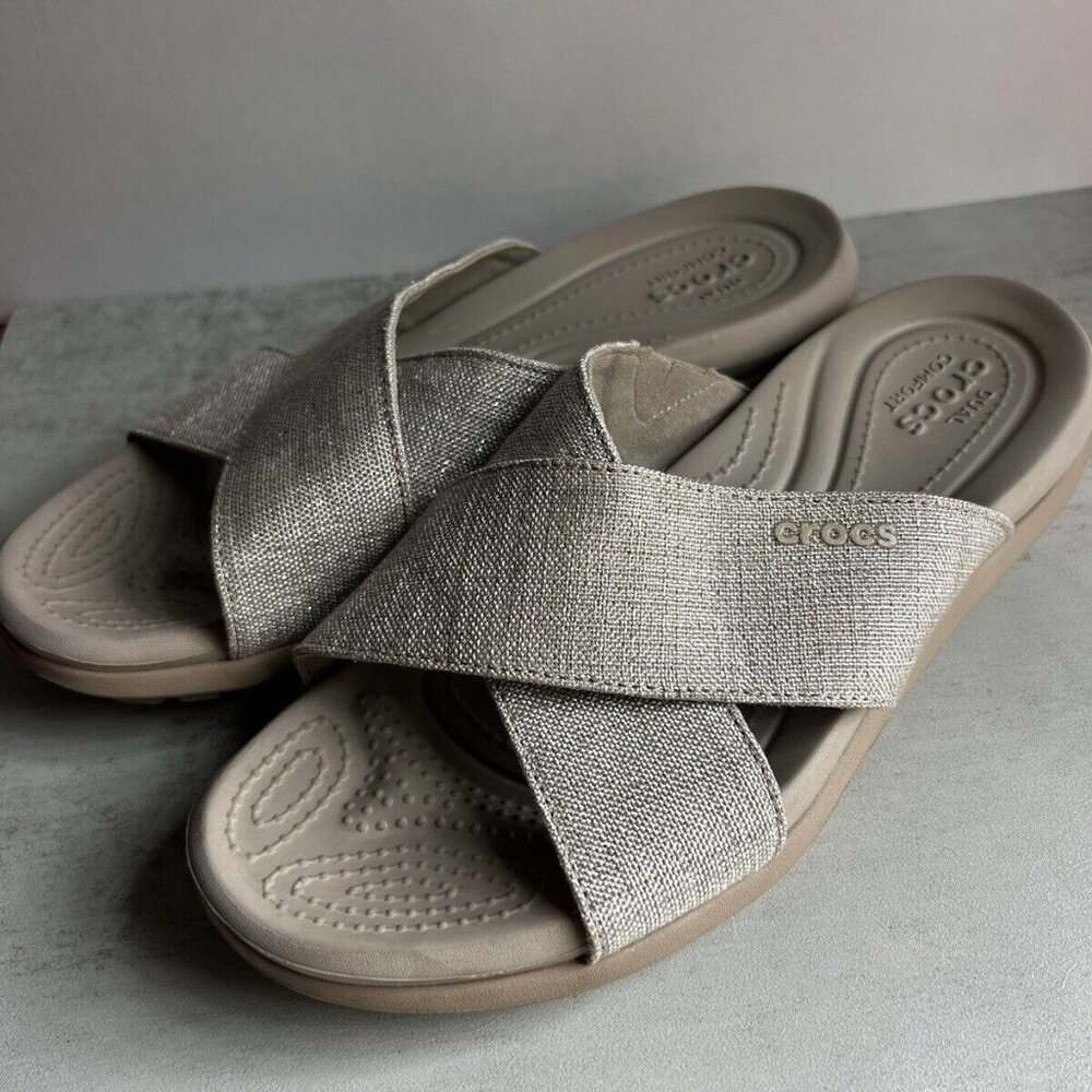 CROCS Women's Metallic Taupe Cross-Band Sandals - Picture 5 of 16